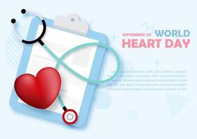 Doctor stethoscope with a heart on clipboard and the day and name of event, example texts on blue background. vector