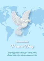 White pigeon flying on world map with wording of the Peace Day, example texts on blue background. vector