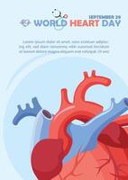 Closeup and crop human heart with wording of World Heart Day, example texts on blue background. vector