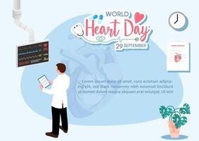 Concept of world heart day poster campaign in a doctor cartoon character looking at a heart beat display and health care awareness in flat style vector