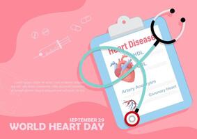 Doctor stethoscope on a heart disease clipboard with the day and name of event, example texts on pink background. vector
