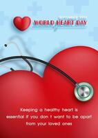 Slogan of Heart day on crop of red heart with stethoscope and wording of World Heart Day on blue background. vector