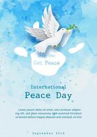 Peace Dove in paper cut style flying on white label in human hand shape and world map with wording of the Peace Day, example texts on blue watercolor background. vector