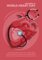 Image of human heart with stethoscope and wording of World Heart Day, example texts on red background. vector