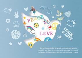 Dove peace with sign icon of Peace day in paper cut style and example texts on blue paper pattern background vector