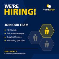 Poster of we are hiring for social media. Job vacancy, looking for new members. Join our team announcement. Employee icons in hexagons form a honeycomb. vector