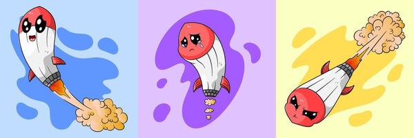 Cute cartoon rocket missiles illustration with variant background shapes. Happy, sad, and brave rocket missile expressions with smoke. vector