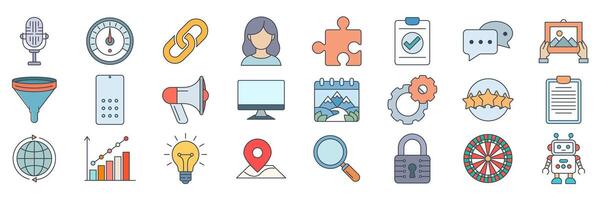 SEO or Search Engine Optimization icons set, Included icons as Bar Graph, Check Mark, People, Gear and more symbols collection, logo isolated illustration vector