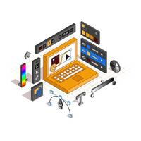 Axonometric interface of Software for designers. Volume Program for Illustrators. Isometric illustration. Minimalistic interface vector