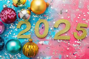 Number 2025 with tree toy balls and fir branches on blue and red background photo