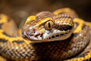 Close up of wild snake head python with scales in nature on yellow background. photo