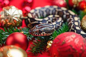 Snake a symbol of 2025 year with Christmas tree toy ball in a red background. photo