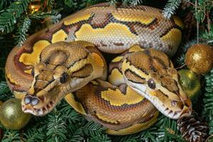 Snake a symbol of 2025 year with Christmas tree toy ball with fir branches. New Year celebration, Christmas greeting card and holiday sale concept. photo