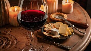 A Glass Of Red Wine With A Plate Of Gourmet Cheese And Crackers, Rustic Wooden Table, Candlelight Romantic Dinner Table Setting At Night photo