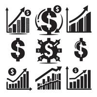 Set of chart icons with dollar sign in even silhouette on a white background. The graph shows downward and upward trends. vector
