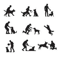 People playing with dog various collection set silhouette vector