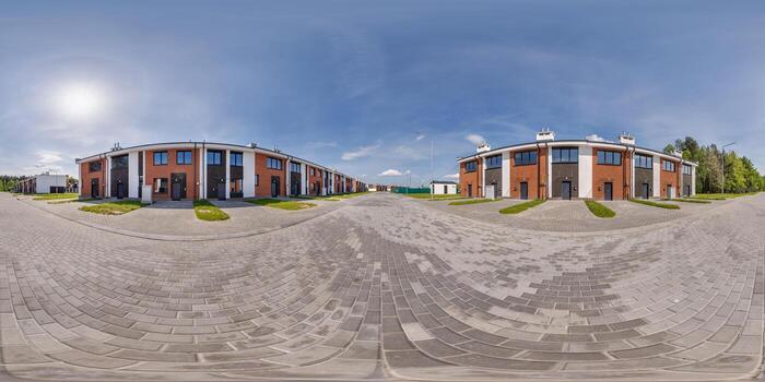 hdri 360 panorama in low-rise residential townhouse or public buildings complex with several multi-level apartments with isolated entrances in equirectangular spherical seamless projection photo