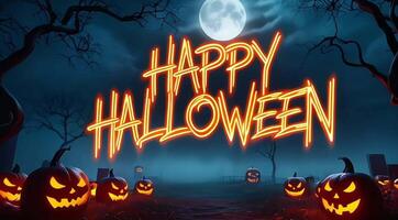 Halloween-themed background with a full moon and silhouettes of jack-o'-lanterns, accompanied by the phrase Happy Halloween in a glowing, neon font that spans across the screen. video