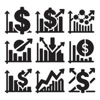 Set of chart icons with dollar sign in even silhouette on a white background. The graph shows downward and upward trends. vector