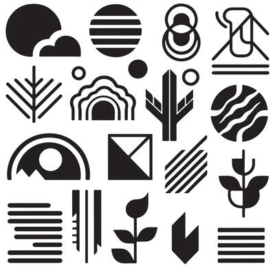 black Brutalist geometric shapes, modern symbols. Simple primitive elements and forms. Retro design, trendy contemporary minimalist style, y2k. illustration