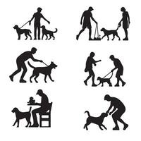 People playing with dog various collection set silhouette vector