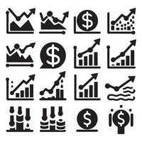 Set of chart icons with dollar sign in even silhouette on a white background. The graph shows downward and upward trends. vector