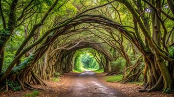 Natural archway shaped by branches in the forest photo