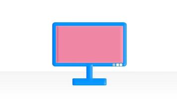 animation of a blue cartoon hand pressing the power button on a computer monitor to start working video
