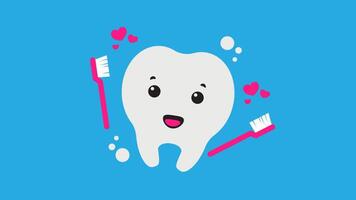 mignonne dessin animé animation avec une souriant dent personnage, une brosse à dents, mousse, et une cœur symbole. cette animation symbolise dentaire santé et oral hygiène. video