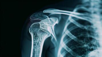 Detailed High-Resolution X-ray Image of Human Shoulder Joint and Rib Cage. Concept of Human Anatomy, Medical Imaging, Bone Structure, Orthopedics, scanning photo