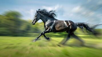 Powerful black horse galloping in a lush green field. Concept of speed, freedom, nature, horse riding, Gallop, Fast Speed, Beauty in Motion, Freeze Frame photo