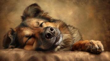 Sleepy Mixed-Breed Dog Peacefully Resting on Brown Cushion. Concept of tranquility, relaxation, cute pets, and calm moments, funny puppy photo