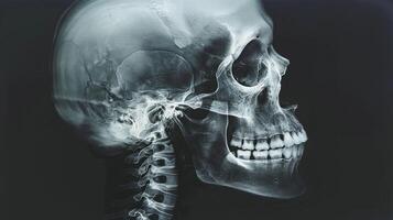 Detailed X-Ray Image of a Human Skull Showing Bones and Teeth on a Dark Background. Concept of Medical Imaging, Anatomy, Skeletal Structure photo
