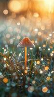 Dew-covered toadstool mushrooms growing among sunlit dewy grass in a meadow at sunrise. Concept of morning nature, forest fungi, peaceful outdoor scenery, fresh atmosphere. Vertical photo