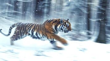 Bengal Tiger Sprinting Across a Snowy Forest. Concept of Wildlife, Speed, Winter, Nature Conservation, Fast Speed, Beauty in Motion, Freeze Frame photo