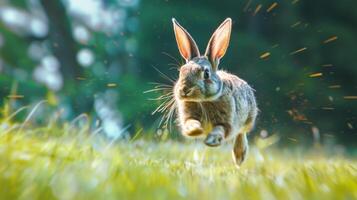 Rabbit Racing Across a Grassy Meadow in a Blurred Motion Background. Concept of Wildlife, Speed, Nature, Animal Behavior, Beauty in Motion, Freeze Frame photo