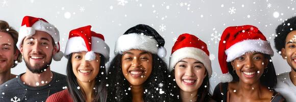 Group of Diverse People Wearing Santa Hats Smiling and Celebrating in Winter Snowy Background. Concept of Multicultural Holiday Cheer, Christmas, Festive Season. Banner. Copy space photo