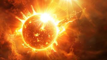 Sun during a powerful solar flare, showcasing intense light and fiery plasma. Concept of space, solar activity, astronomy, magnetic storm, and cosmic energy. Background photo