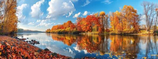 hermosa otoño paisaje con vibrante rojo y dorado arboles reflejado en un calma río. concepto de otoño follaje, pacífico naturaleza escena, y estacional cambiar. bandera foto
