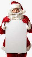 Santa Claus with Blank White Sign. Concept of Christmas, Holidays, Festive Season, and Blank Card for Custom Message. Vertical. Greeting card, postcard, mockup, invitation, letter. Copy space photo