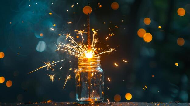 iluminado bengala en un vaso tarro con chispas en contra un bokeh antecedentes. concepto de festivo celebracion, espumoso luz, fiesta magia, fiesta decoración foto
