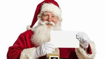 Santa Claus Holding Blank White Card with Happy Smile. Concept of Christmas, Holiday Greetings, Festive Message, Seasonal Celebration. Greeting card, postcard, mockup, invitation, letter. Copy space photo