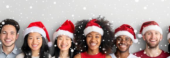 Group of Diverse People Wearing Santa Hats Smiling and Celebrating in Winter Snowy Background. Concept of Multicultural Holiday Cheer, Christmas, Festive Season. Banner. Copy space photo