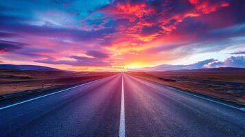 Vibrant Sunset Over a Deserted Highway with Dramatic Skies. Concept of Serene Evening, Wilderness Road Travel, Scenic Highway, and Tranquil Sunset Journey photo