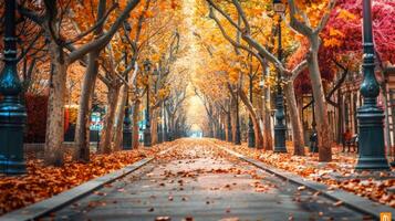 Scenic Urban Street Lined with Trees in Autumn. Concept of fall foliage, serene walkway, city environment, seasonal change photo