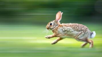 Rabbit Racing Across a Grassy Meadow in a Blurred Motion Background. Concept of Wildlife, Speed, Nature, Animal Behavior, Beauty in Motion, Freeze Frame photo