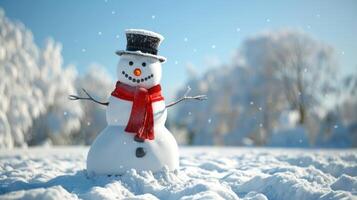 Snowman with a Red Scarf Standing in a Snowy Field on a Sunny Winter Day. Concept of Winter, Christmas, Snow, Frosty Weather, Seasonal Fun photo