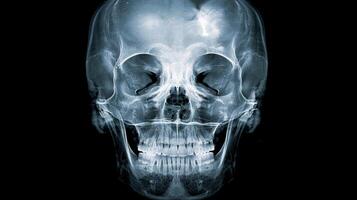 Close-up X-ray Image of a Human Skull with Teeth. Concept of medical imagery, anatomy, head examination, healthcare diagnostics photo
