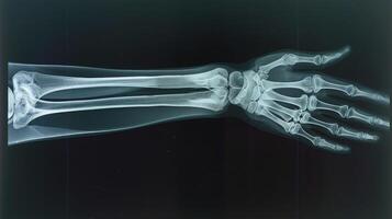 X-ray image of a human forearm displaying detailed bone structure, including radius and ulna. Concept of medical imaging, bone anatomy, orthopedic analysis, and healthcare diagnostics photo