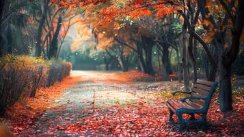 Serene Autumn Park Path with Vibrant Foliage and Empty Bench. Concept of peaceful nature walk, fall colors, tranquil scenery, and solitude in nature photo